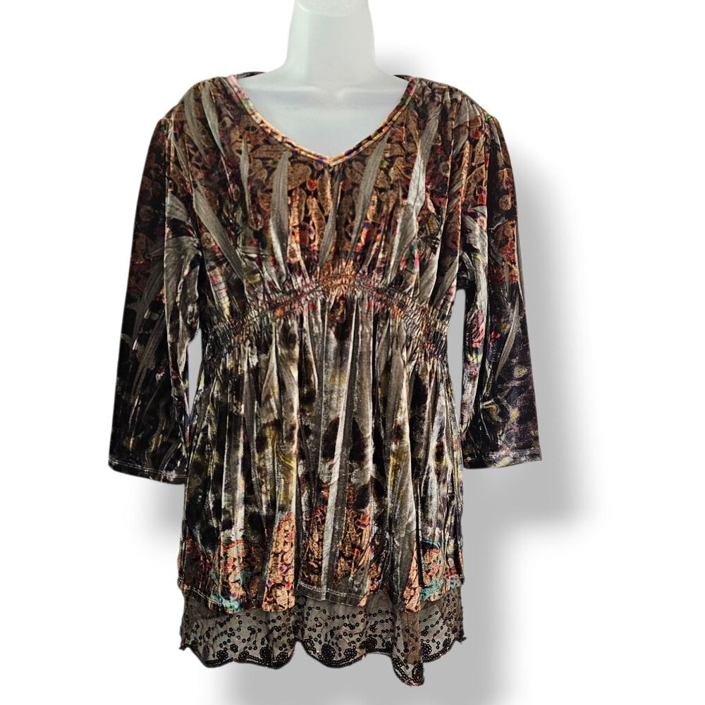 Y2K Velvet Babydoll Top XL Tunic Lace Sequins Hem Dark Fairy Grunge Whimsy Boho